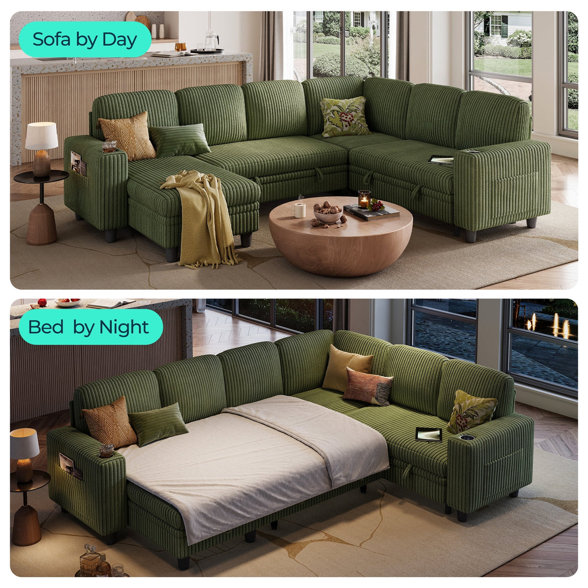 Linsy Home Plush Corduroy Sleeper Sofa Bed with Reversible Storage Chaise, Pull Out Couch Bed with USB, Cup Holder, Side Pocket, L Shaped Sectional Couches for Living Room, Apartment, Dark Grey