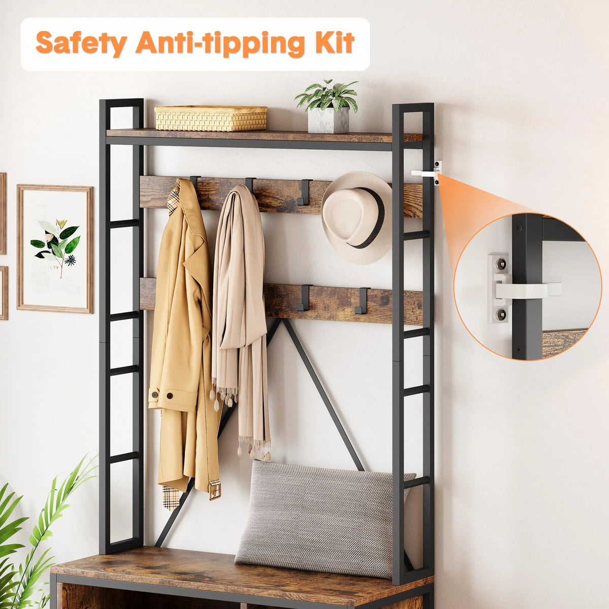 Hall Tree with Bench 36.41" Coat Rack Freestanding 5 in 1 Industrial Shoe Bench with 3 Storage Cubbies and 8 Hooks Entryway Coat Rack with Shoe Storage, Brown