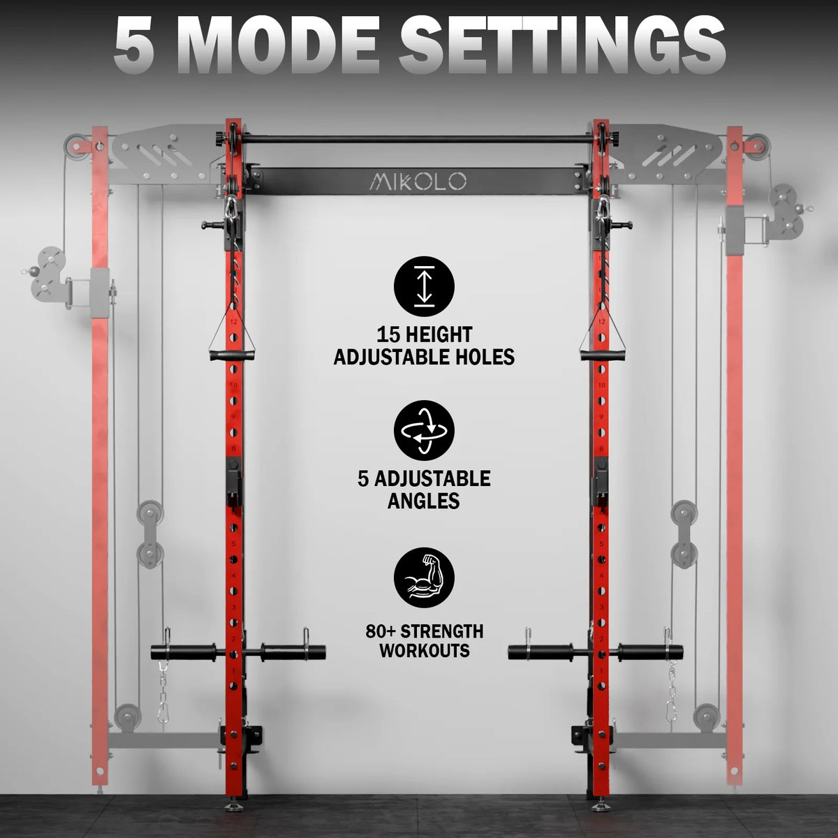 Mikolo Foldable Power Rack Cage,1000lbs Capacity Wall Mounted Squat Rack with independent pulley system, Space Saving Home Gym Equipment with 5 Adjustable Angle