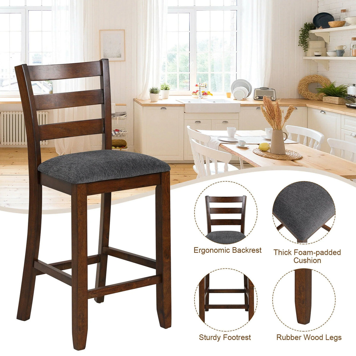 Gymax Set of 2 Barstools Counter Height Chairs w/Fabric Seat & Rubber Wood Legs