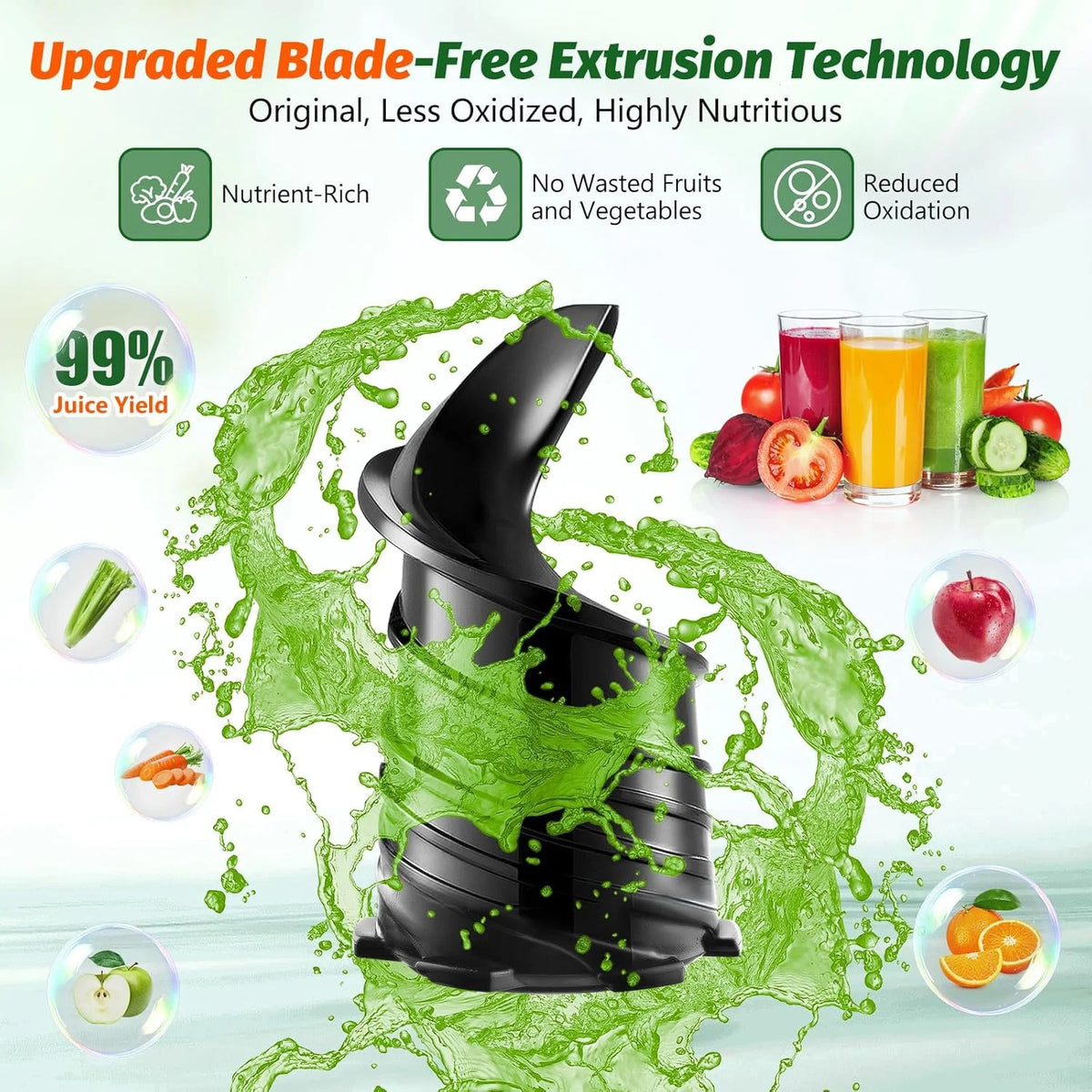 YPONE Cold Press Juicer, Masticating Juicer with 5.4" Wide Feed Chute, 350w Slow Juicer Machines Fit Whole Vegetables and Fruits,Juice Extractor Machine with High Juice Yield, Easy to Clean(Black)