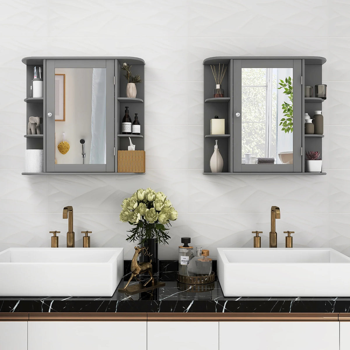 Costway, White, Medium Density Fiberboard, Multipurpose Mount Wall Surface Cabinet Mirror Glass, 26.00 x 6.50 x 23.50 Inches