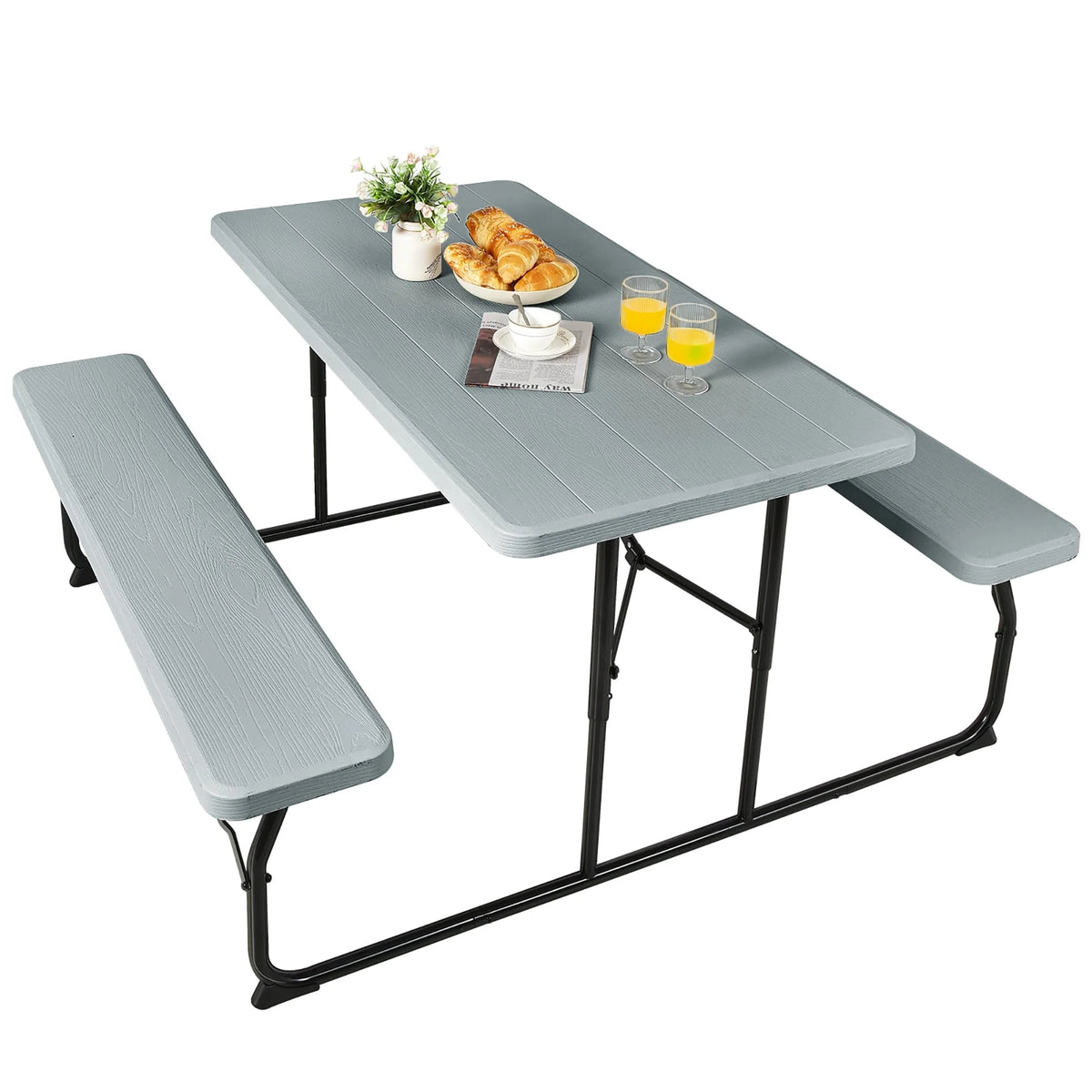 Costway Indoor & Outdoor Folding Picnic Table Bench Set w/ Wood-like Texture Grey