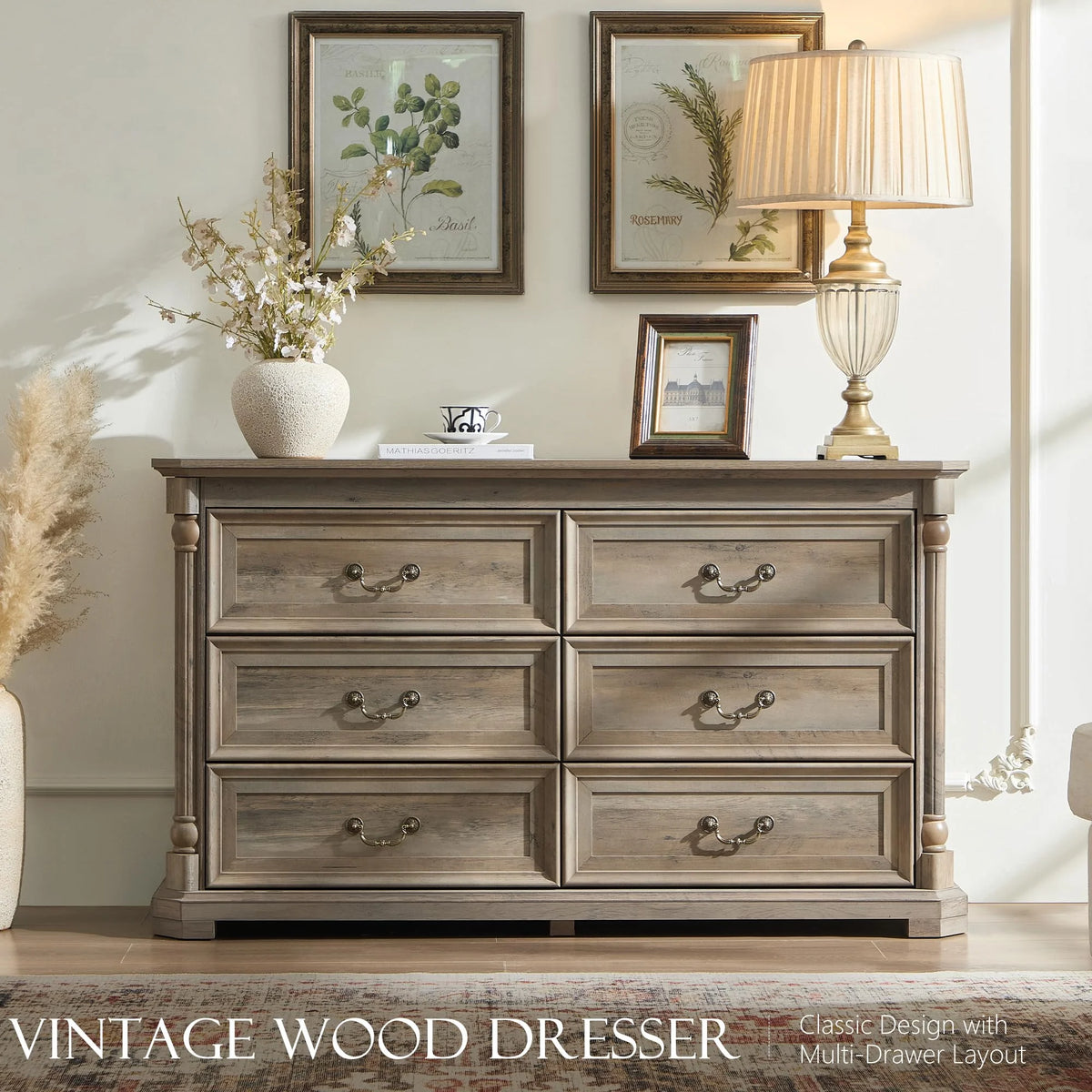 Brafabhome Rattan 6 Drawers Dresser for Bedroom, Vintage Boho Double Dresser Wicker Chest with Wooden Legs for Living Room Hallway| Mint