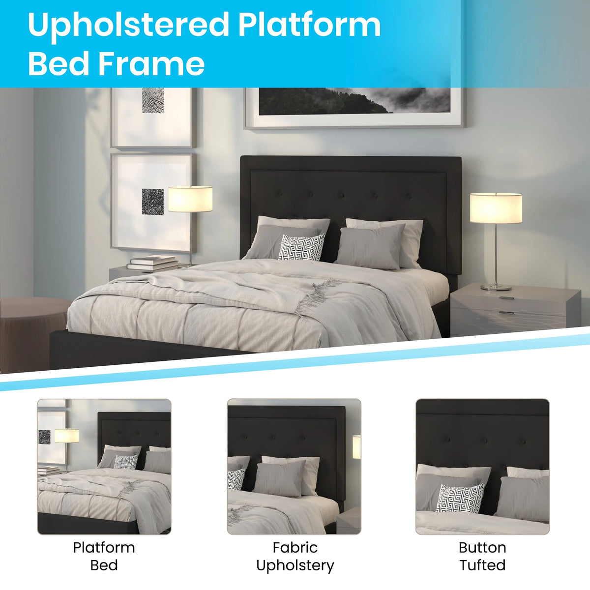 Flash Furniture Roxbury Queen Size Tufted Upholstered Platform Bed in Black Fabric