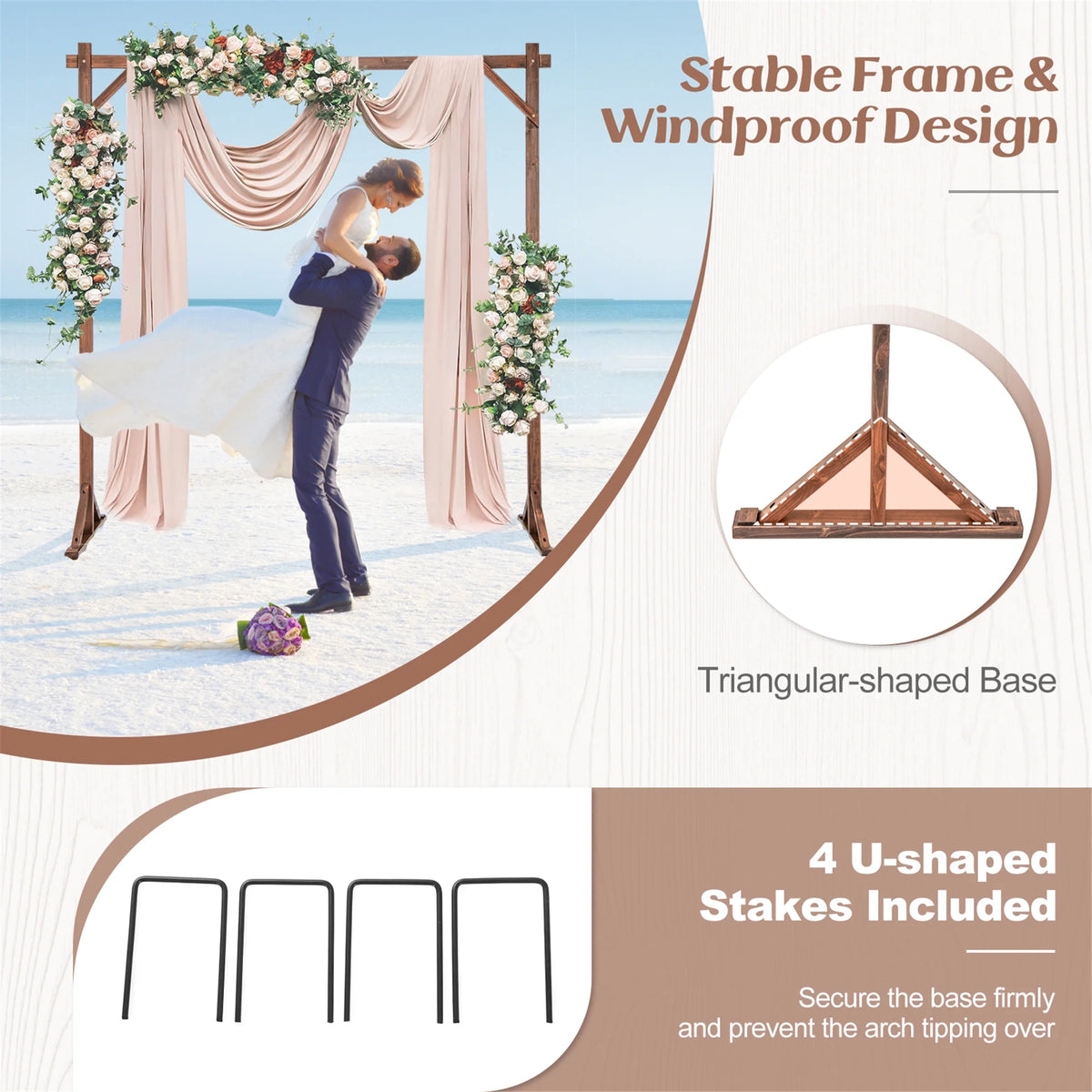 Gymax 7.2 FT Square Wedding Arch Wooden Arbor Backdrop Stand w/ Triangular-Shaped Base