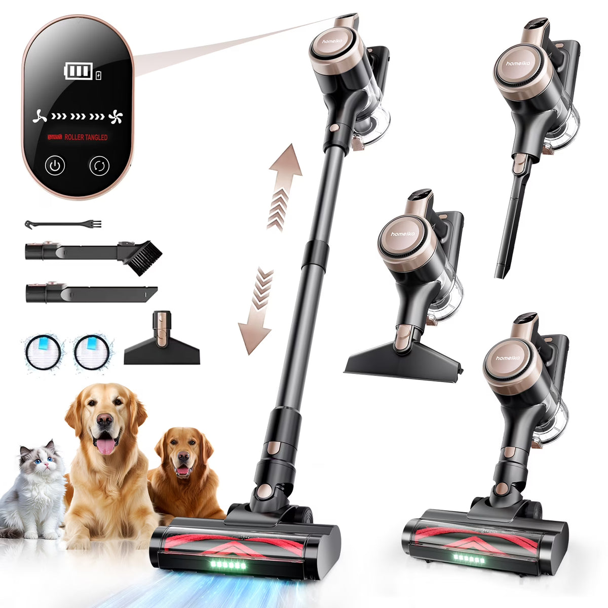 Homeika Cordless Vacuum Cleaner, 300W 23KPa Powerful Suction Vacuum with LED Display, 3 Suction, 48mins Runtime, Lightweight Stick Cleaner with Sofa Brush for Hard Floor/Carpet/Pet Hair/Car, Black