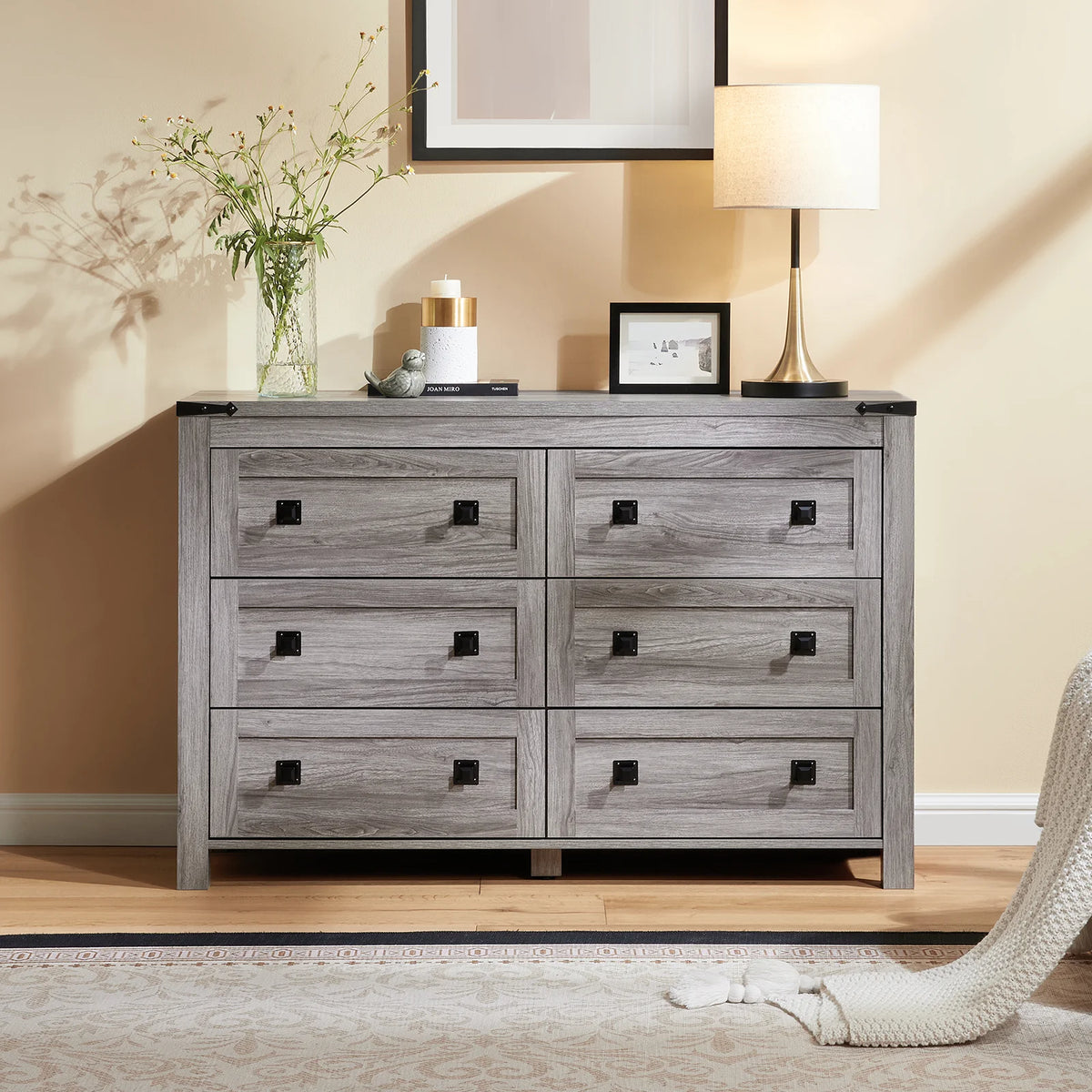 CHITOOMA Wooden Dressers for Bedroom 6 Drawer Adult, 47.2" Storage Cabine with Double Handle, Chest of Drawers for Living Room Hallway, Walnut