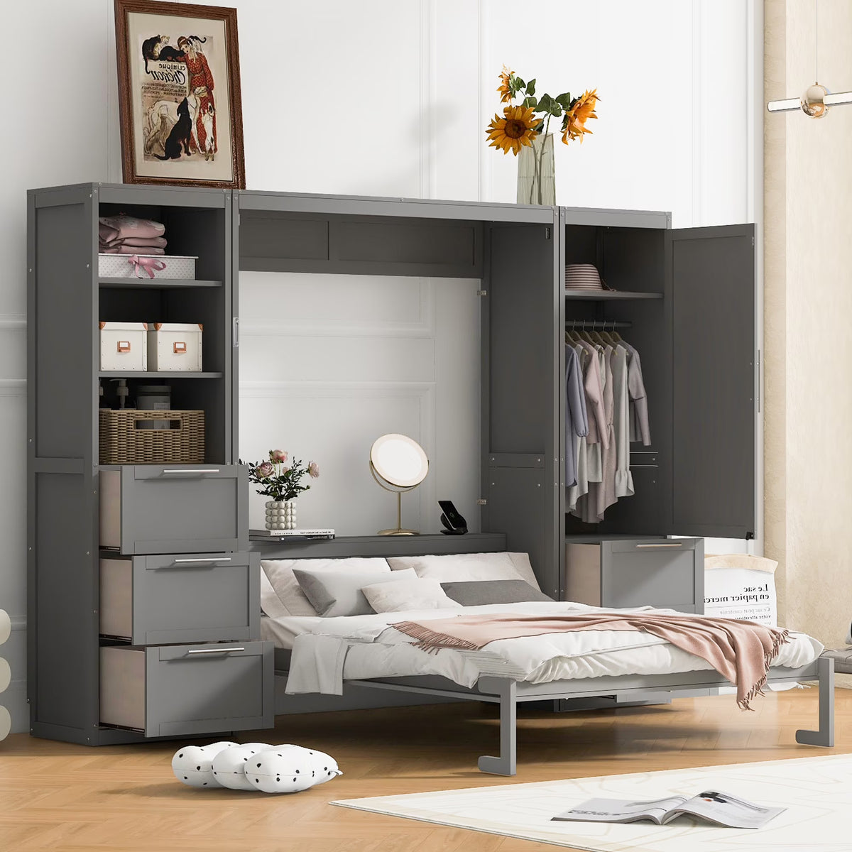 Newest Queen Size Murphy Bed Wall Bed with Closet ,Drawers , Shelves,Gray