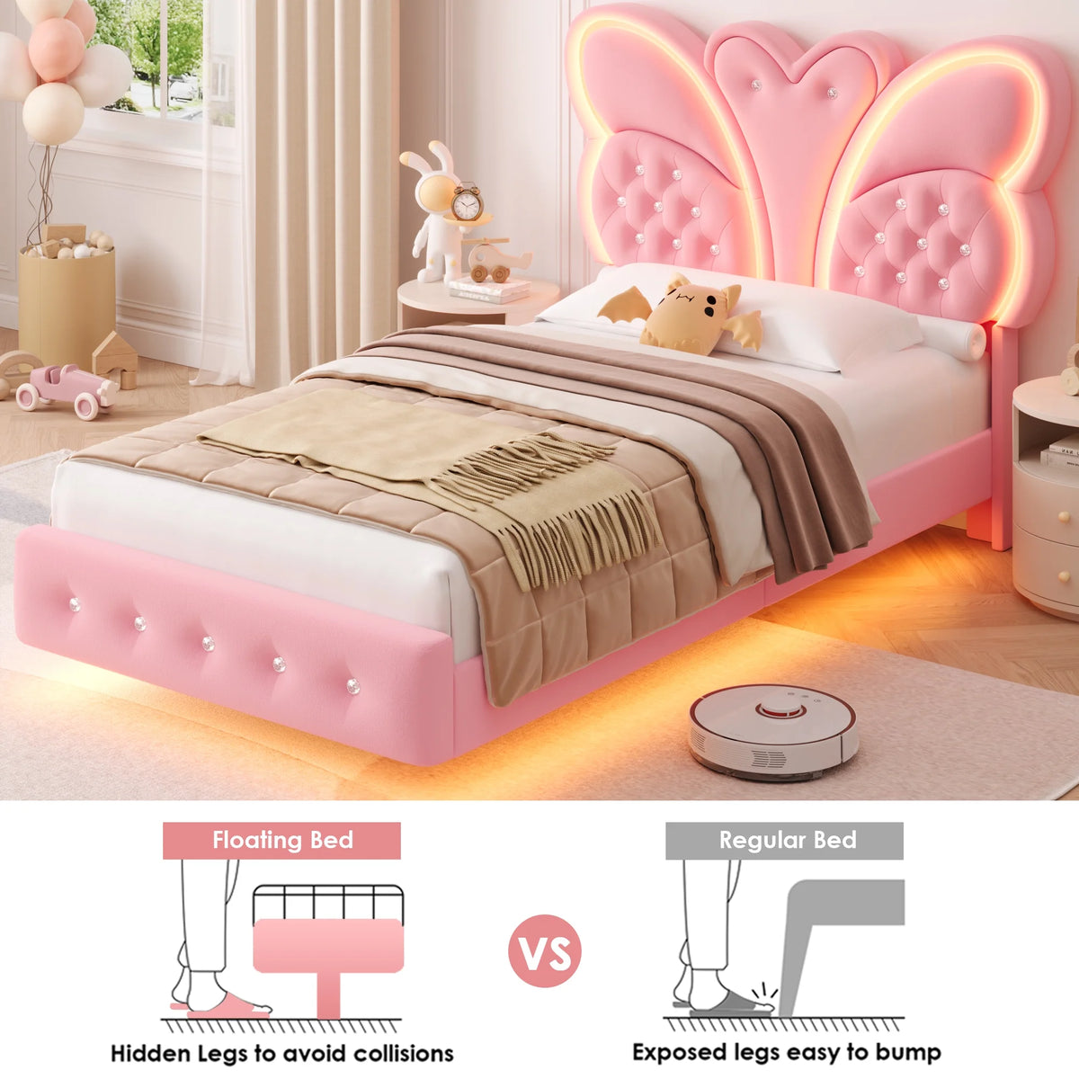 Homfa Twin Size Velvet Upholstered Bed with LED Lights, Floating Platform Bed Frame with Butterfly Crystal Button Tufted Headboard, Pink