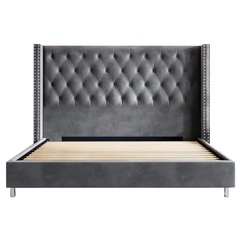 VanAcc Queen Bed Frame Upholstered Bed Wingback Headboard Velvet Tufted Diamond Button/No Box Spring Needed/Easy Assembly/Gray
