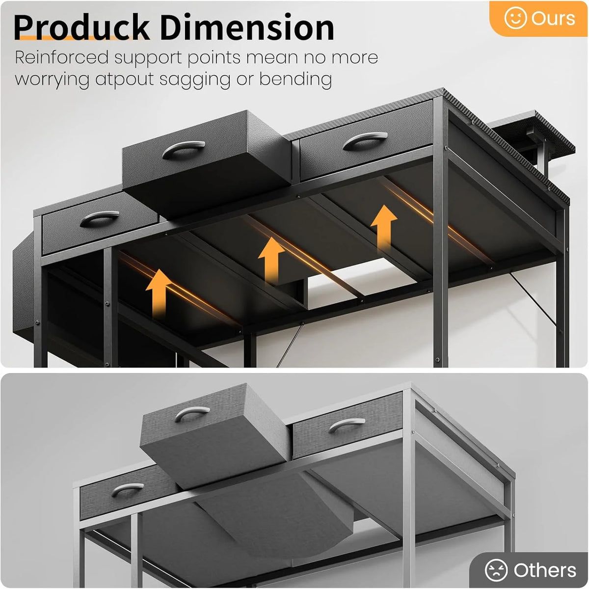 Upgo 55" Gaming Desk with Adjustable Storage Rack & LED Lights, Power Outlets for Adult and Teen