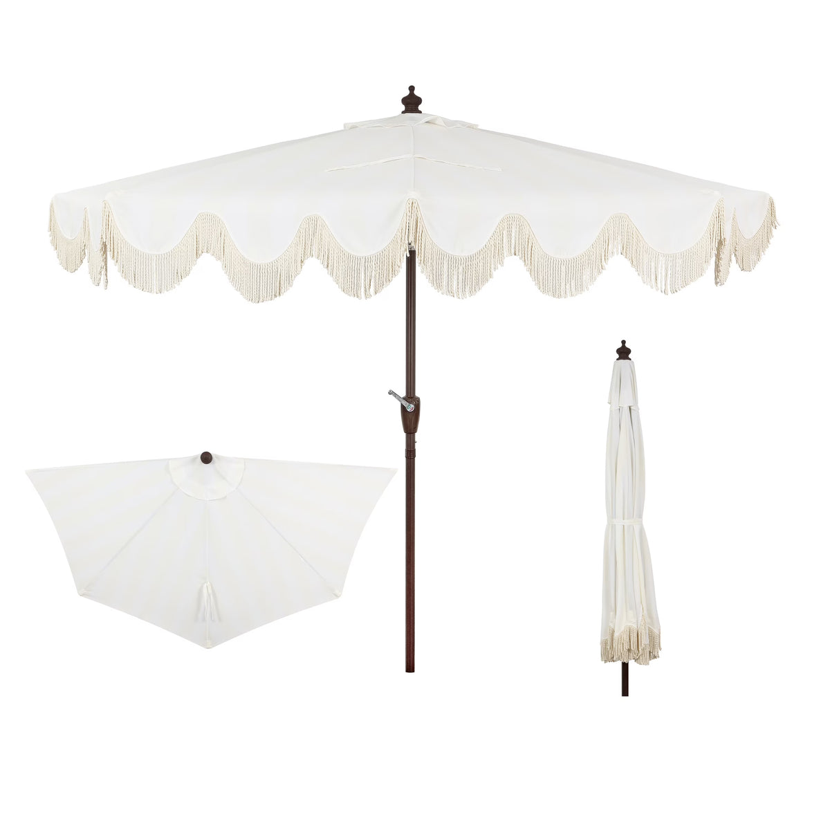 JONATHAN Y Beverly 9 ft. Half Market Patio Umbrella, Designer Classic Scalloped Fringe with Crank, Tilt Button and UV Protection, Blue/White/Cream, Dark Brown Pole