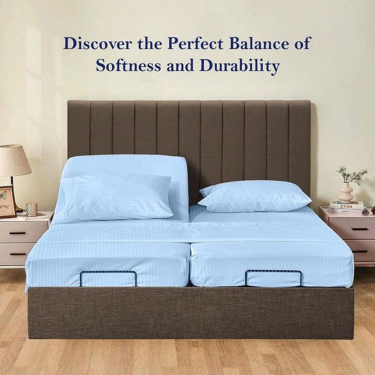 5-Piece Split Queen Sheet Set, 800 Thread Count, 100% Egyptian Cotton, Color Aqua Blue Stripe Pattern, Fits 16-Inch Deep Mattresses