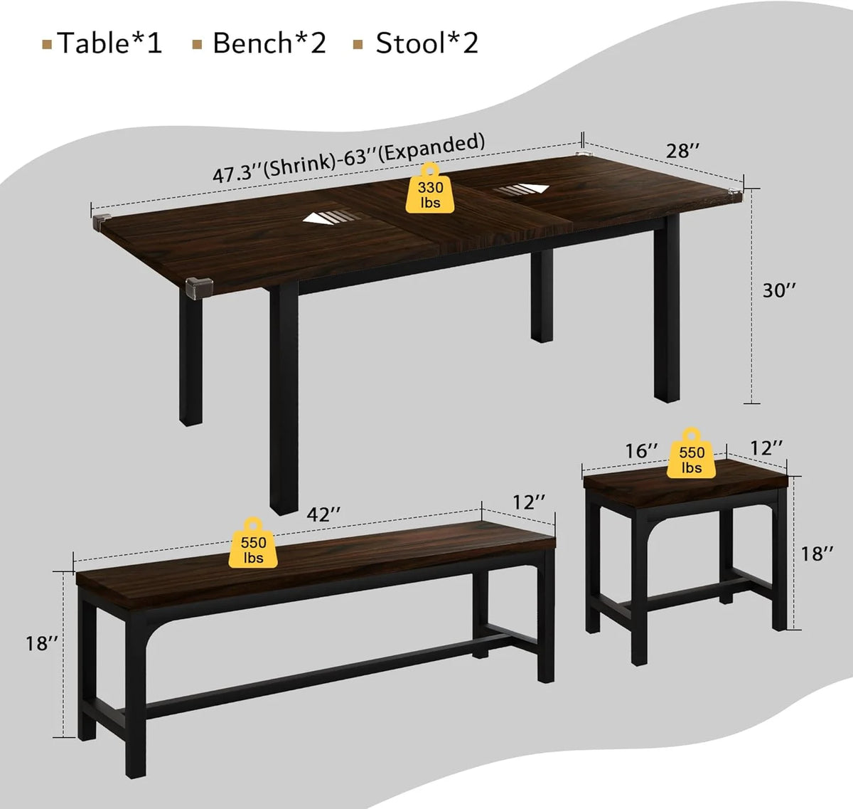iPormis 5-Piece Dining Table Set for 4-8 People, Extendable Kitchen Table Set with 2 Benches and 2 Square Stools, Black