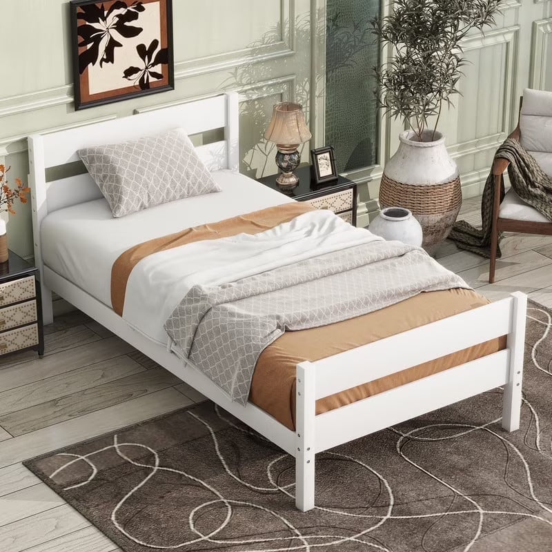 Duxelifin Wood Twin Bed Frame with Rails, Twin Size Low Platform Bed with Headboard and Footboard, Low Twin Bed Frame for Girls & Boys, White