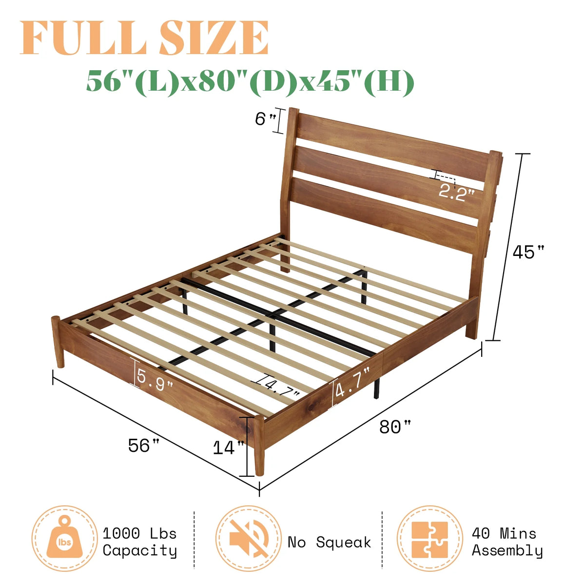 Merluxy Full Size Solid Wood Bed Frame, Mid Century Platform Bed with Reclining Slatted Headboard, Wood Slat Support/Noise Free, Light Brown
