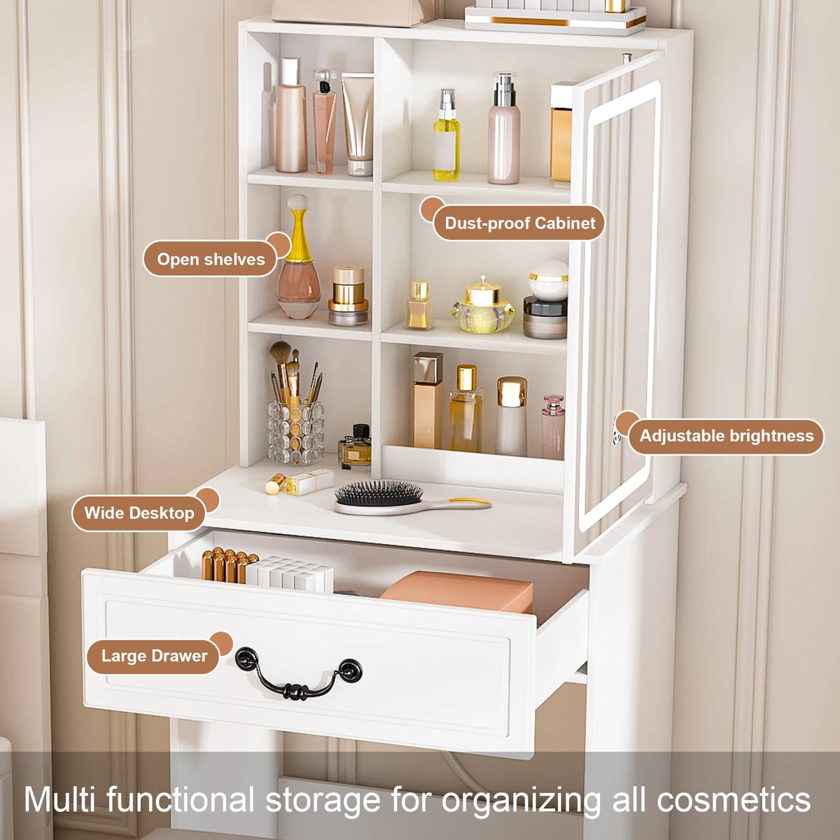 Aukfa Makeup Vanity Set with Power Outlet, Mirror & Adjustable LED Lights for Small Bedroom,White