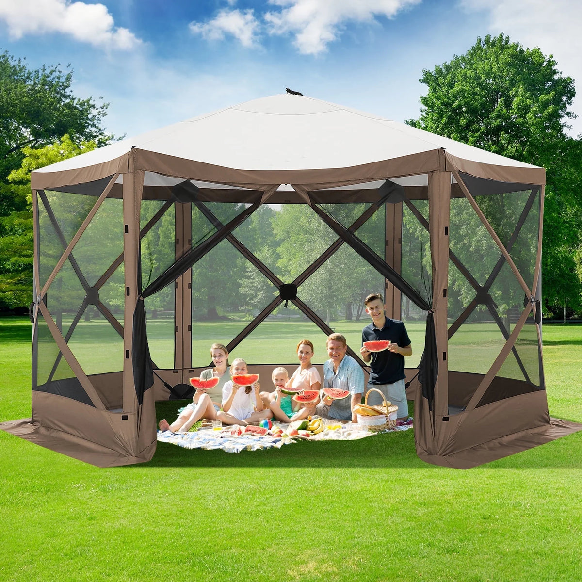 SANOPY 12'x12' Gazebo Outdoor Pop up Gazebo Screen Tent with 6 Sides Mosquito Netting Camping Gazebo Instant Shelter Glamping Tent with Carry bag, Ground Spike, Gray