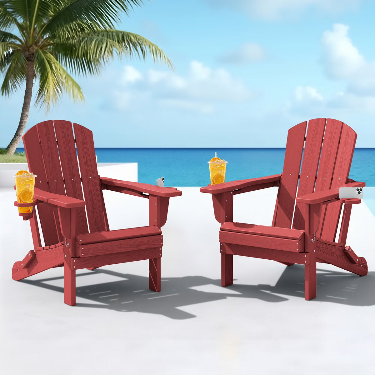 SERWALL Folding Adirondack Chair Set with Dual Cup Holders & Phone Holder, All-Weather HDPE Fire Pit Chairs for Outdoor, Patio, Poolside, Garden - Black
