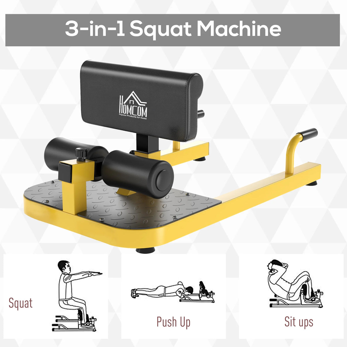 Soozier 3 in 1 Padded Leg Exerciser Push Up Sit Up Squat Machine Home Gym Fitness Equipment Yellow