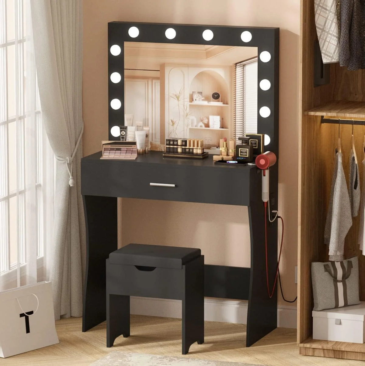 Vanity Table Set with Lighted Mirror,Makeup Vanity with Lights, Large Drawer Sturdy Wood Vanity, White