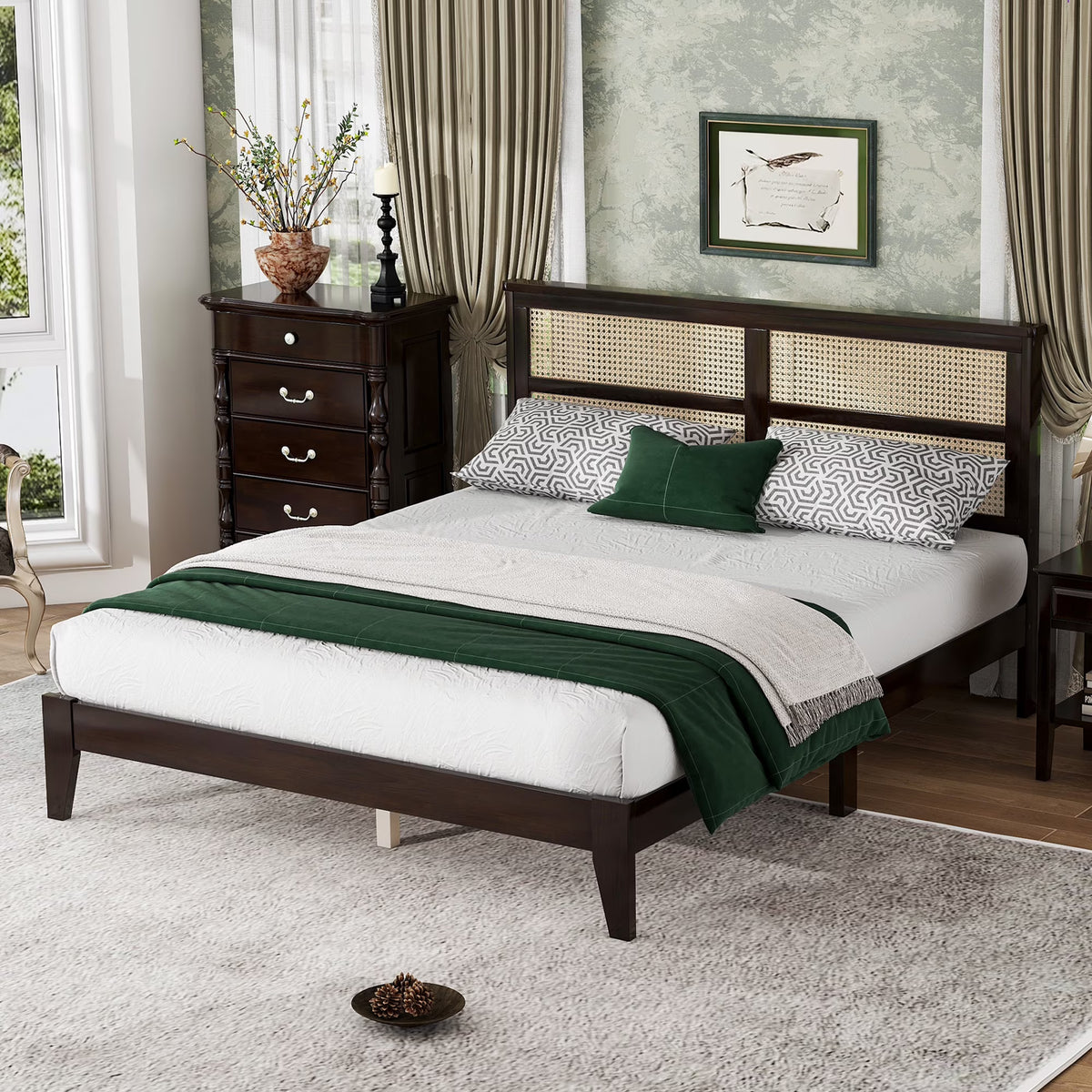 Miniyam Wood Queen Size Bed with with Rattan Headboard for Adult, Brown