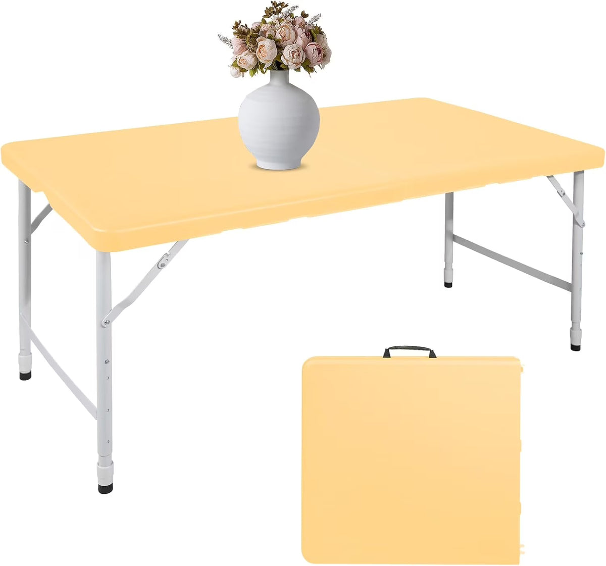 Folding Table with Carry Handle, Portable Fold-in-Half Plastic Table, Rectangle Foldable Table for Indoor