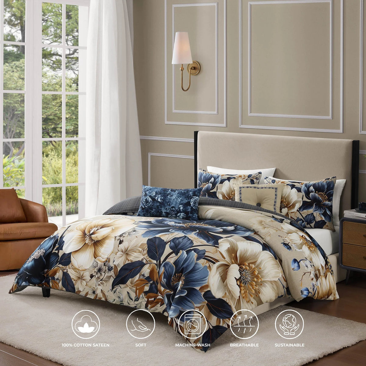 Bebejan English Manor 5 Piece Comforter Set, Queen, Blue, 220 Thread Count, 100% Cotton Sateen, Reversible