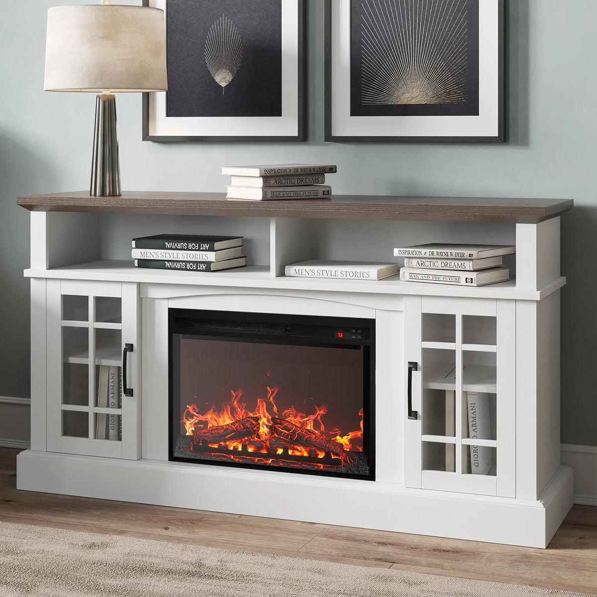 BELLEZE 58" TV Stand with 23" Electric Fireplace, Fireplace TV Console for TVs up to 65", Home Entertainment Center with Storage Cabinet and Adjustable Shelves - Astorga (Gray Wash)
