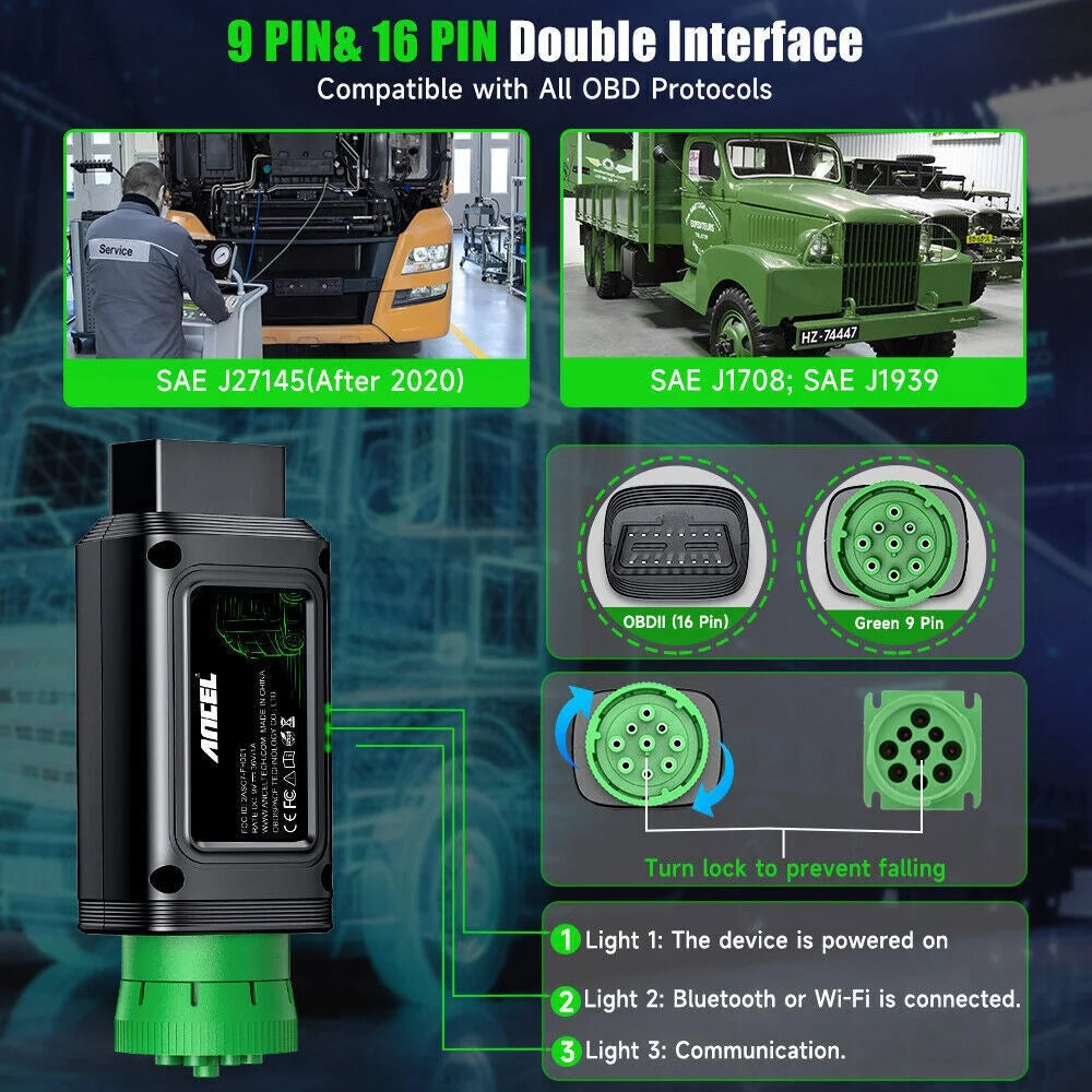 Ancel HD110 Heavy Duty Truck Scanner Full System Truck & Car 2 in 1 OBD2 Scanner Code Reader DPF Regeneration Diagnostic Tool