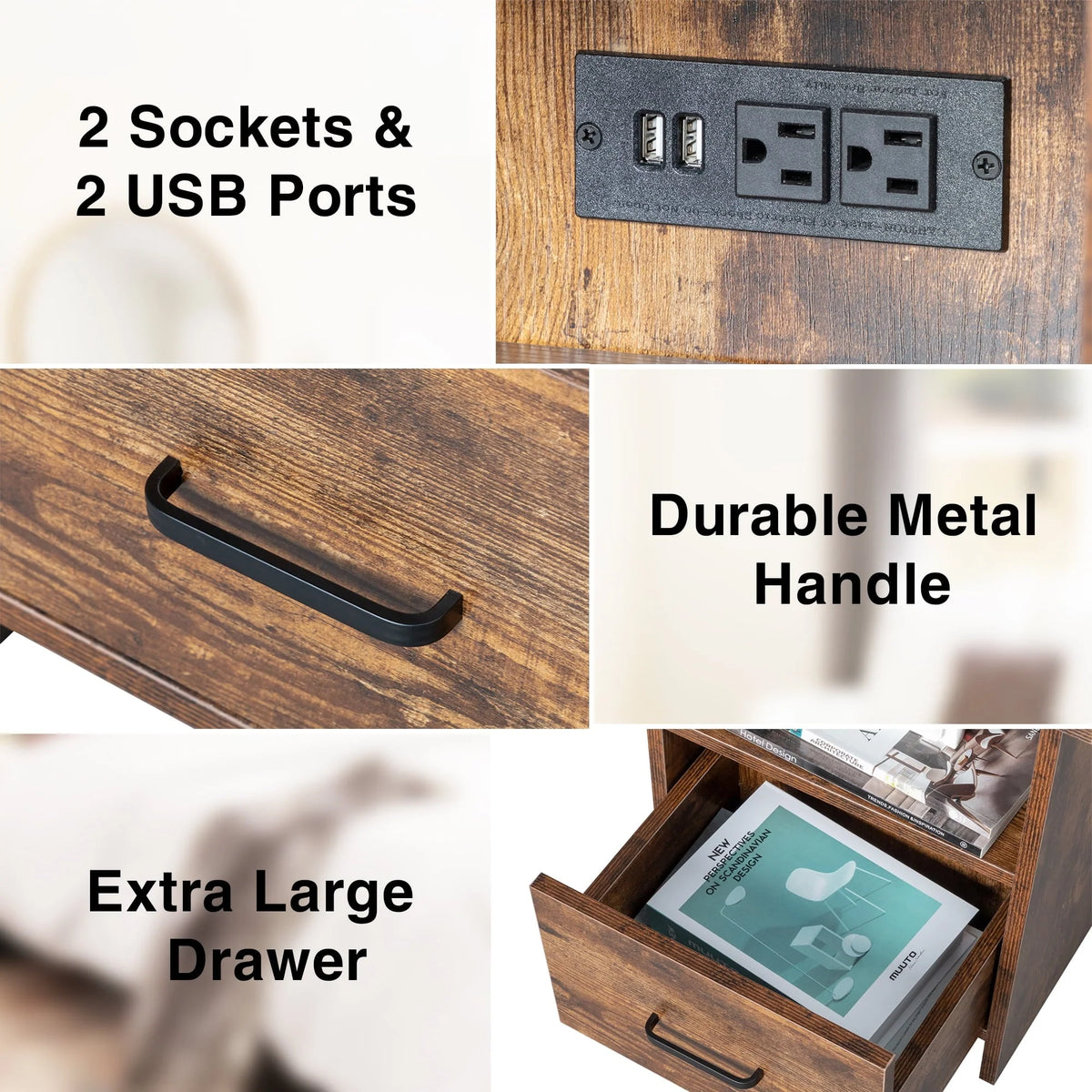 HQZX Vintage Nightstand with USB Socket,Bedside Table with 1 Drawer,Walnut,Adult