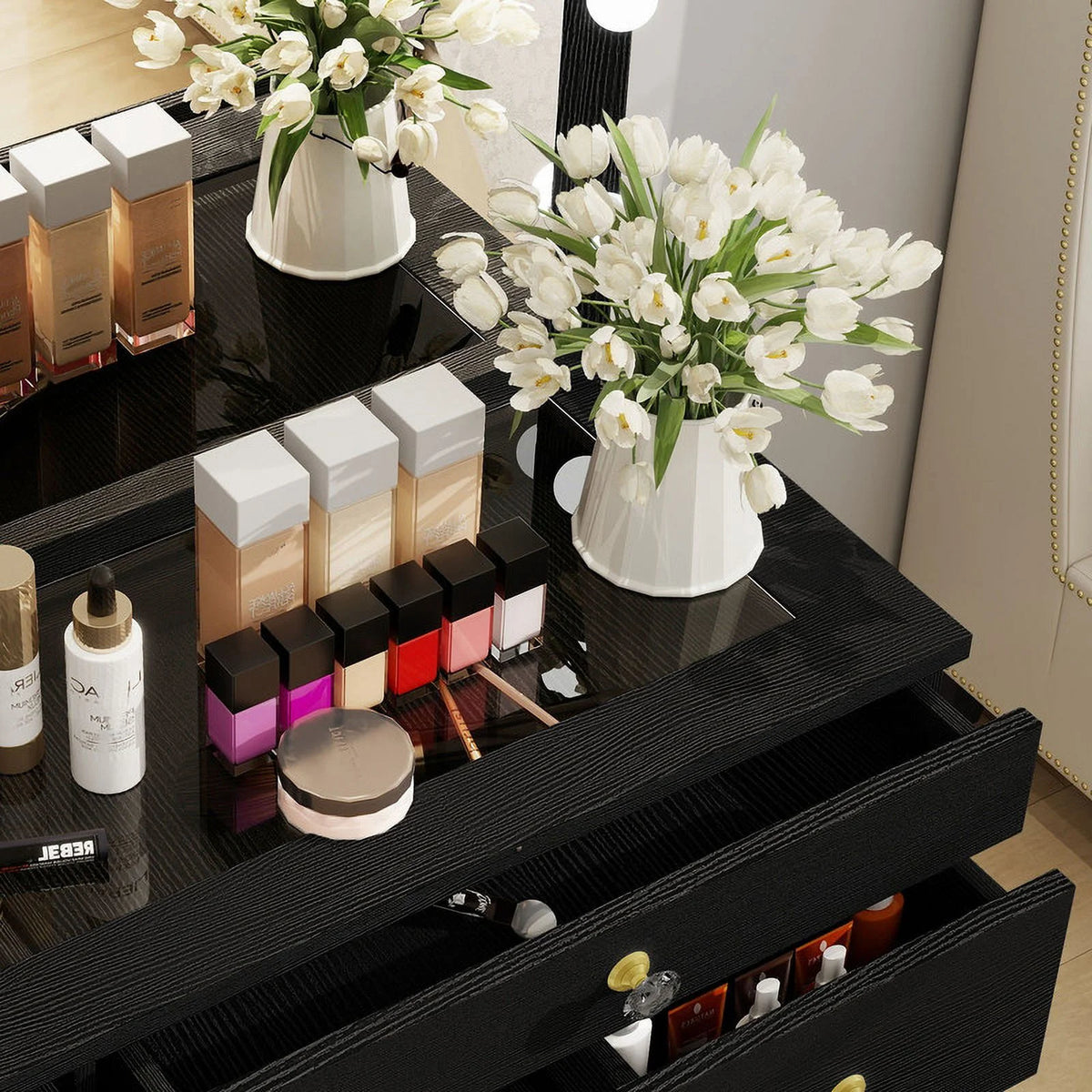Uforic 55" Vanity Desk with Lighted Mirror & Power Outlet & 8 Drawers, Modern Makeup Vanity Table Set with Storage Stool, White