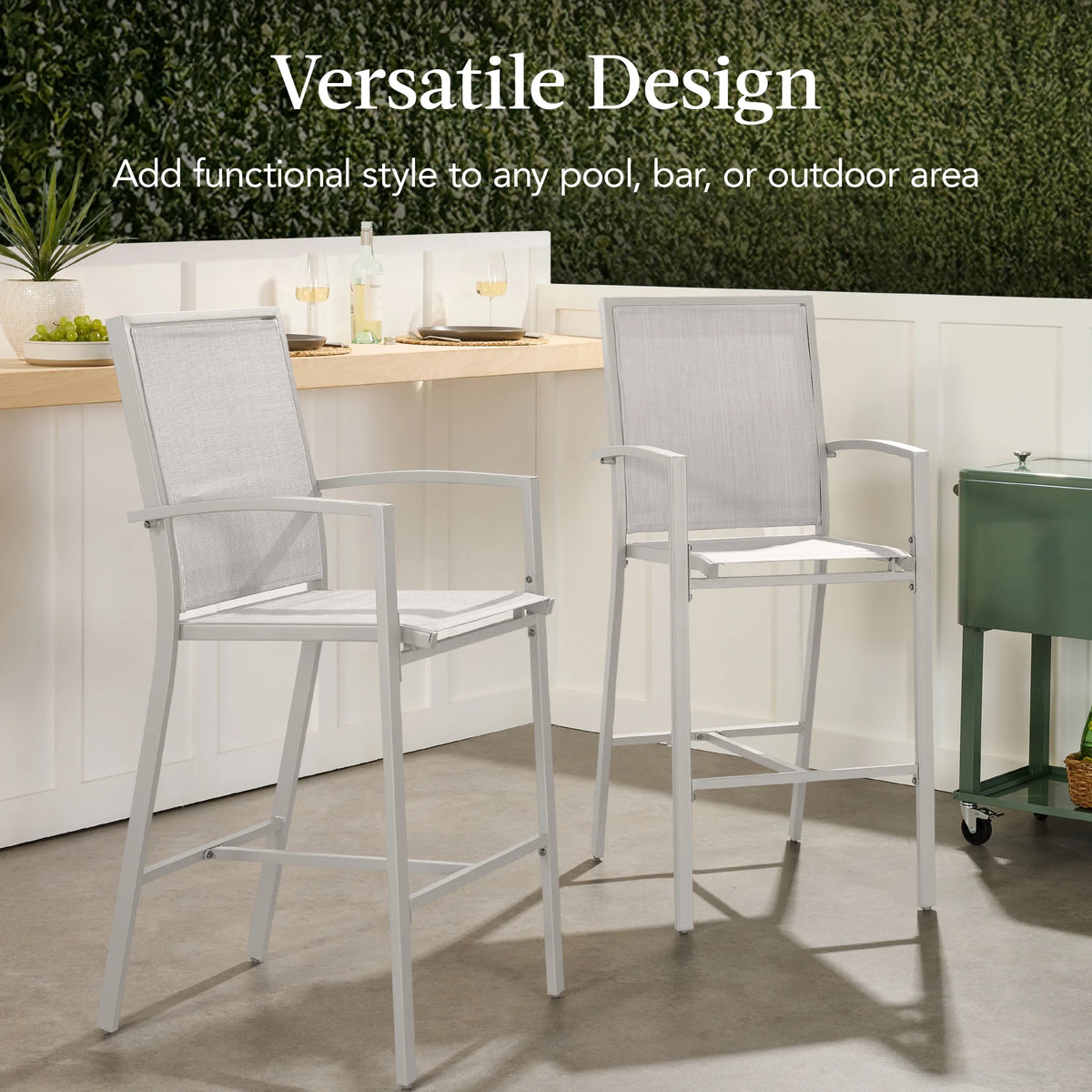 Best Choice Products Outdoor Barstools Set of 2, Bar Height Patio Chairs w/ All-Weather Mesh - Black/Black