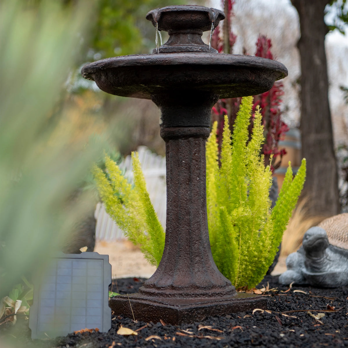 XBrand 28" Solar Water Fountain, 1-Tier, Outdoor Birdbath, Brown Resin, With Solar Panel, Solar Pump, Lawn and Garden, Garden Décor, Garden Water Feature