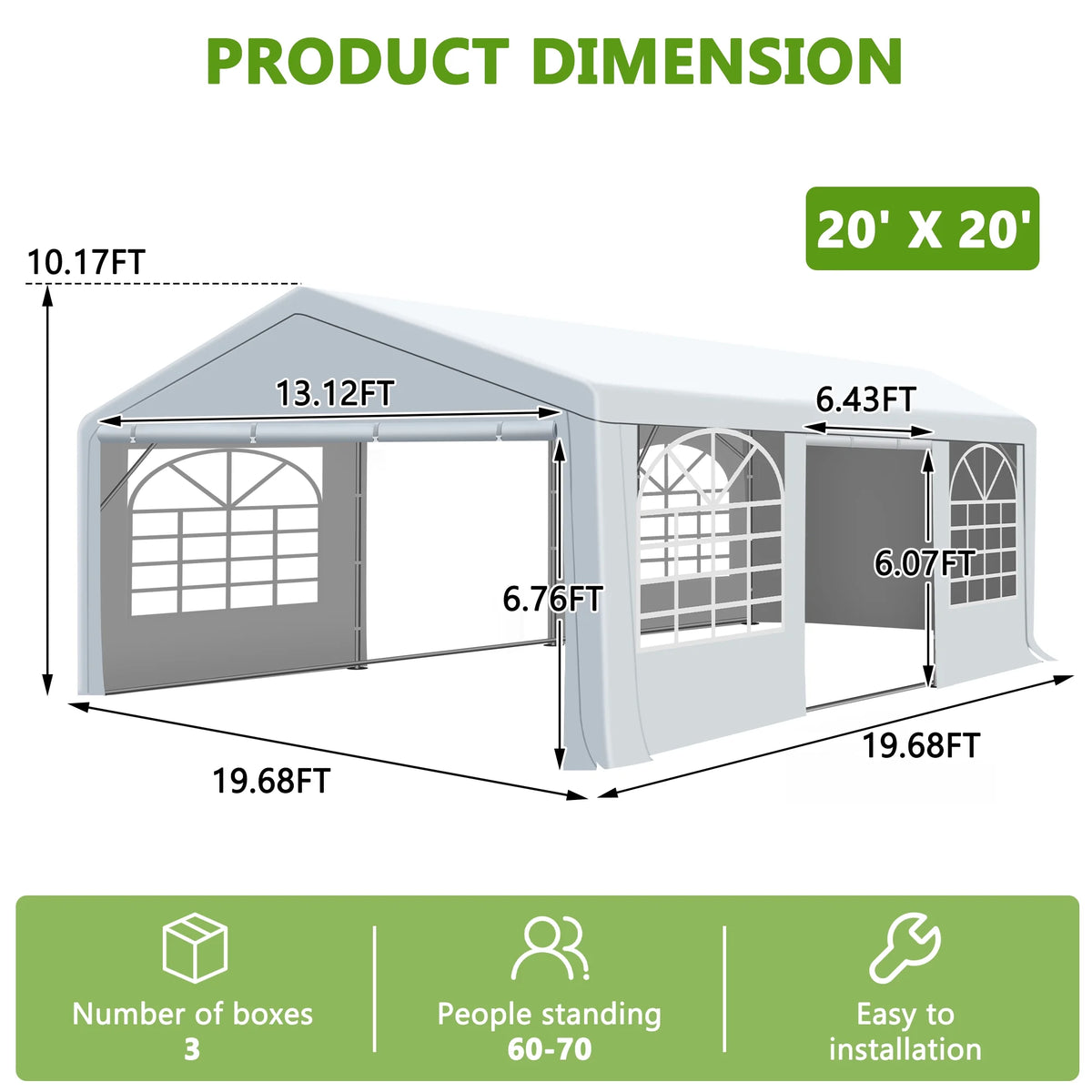 Gartooo 20'x20' Heavy Duty Party Tent, Outdoor Wedding Party Tent with Removable Sidewalls, Outdoor Canopy for Events