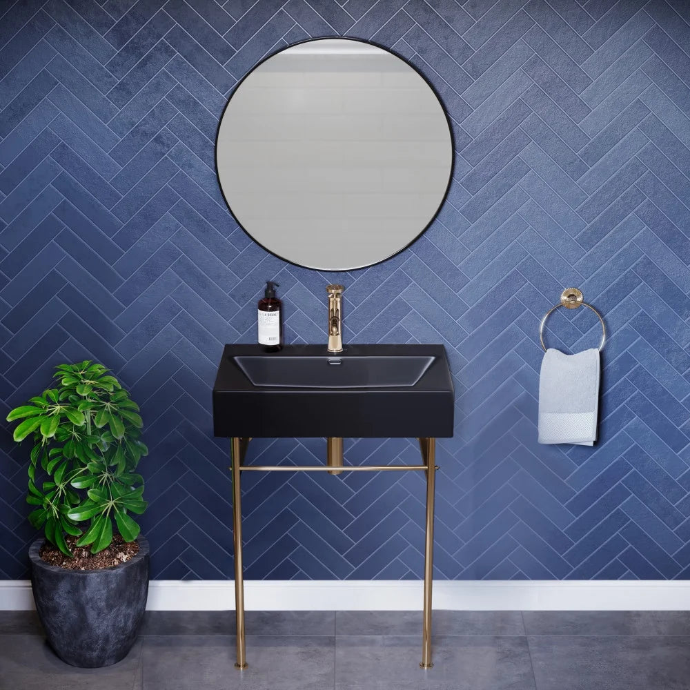 Claire 24 Ceramic Console Sink Matte Black Basin Brushed Gold Legs
