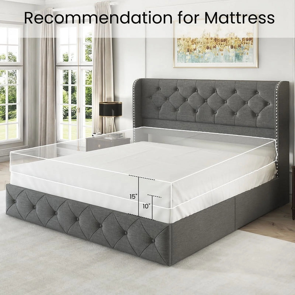 LARMACE Queen Size Platform Bed Frame with 4 Storage Drawers and Tufted Headboard Linen Upholstered Bed Wingback Bed Frame with Wooden Slats Support, Easy Assembly, Light Grey
