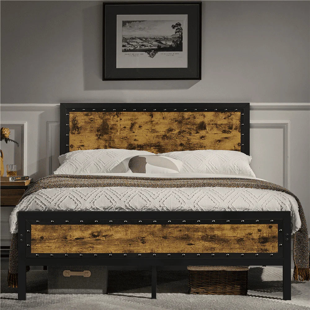 Topeakmart Industrial Metal Bed Frame with Wooden Headboard and Footboard, Full Size, Rustic Brown