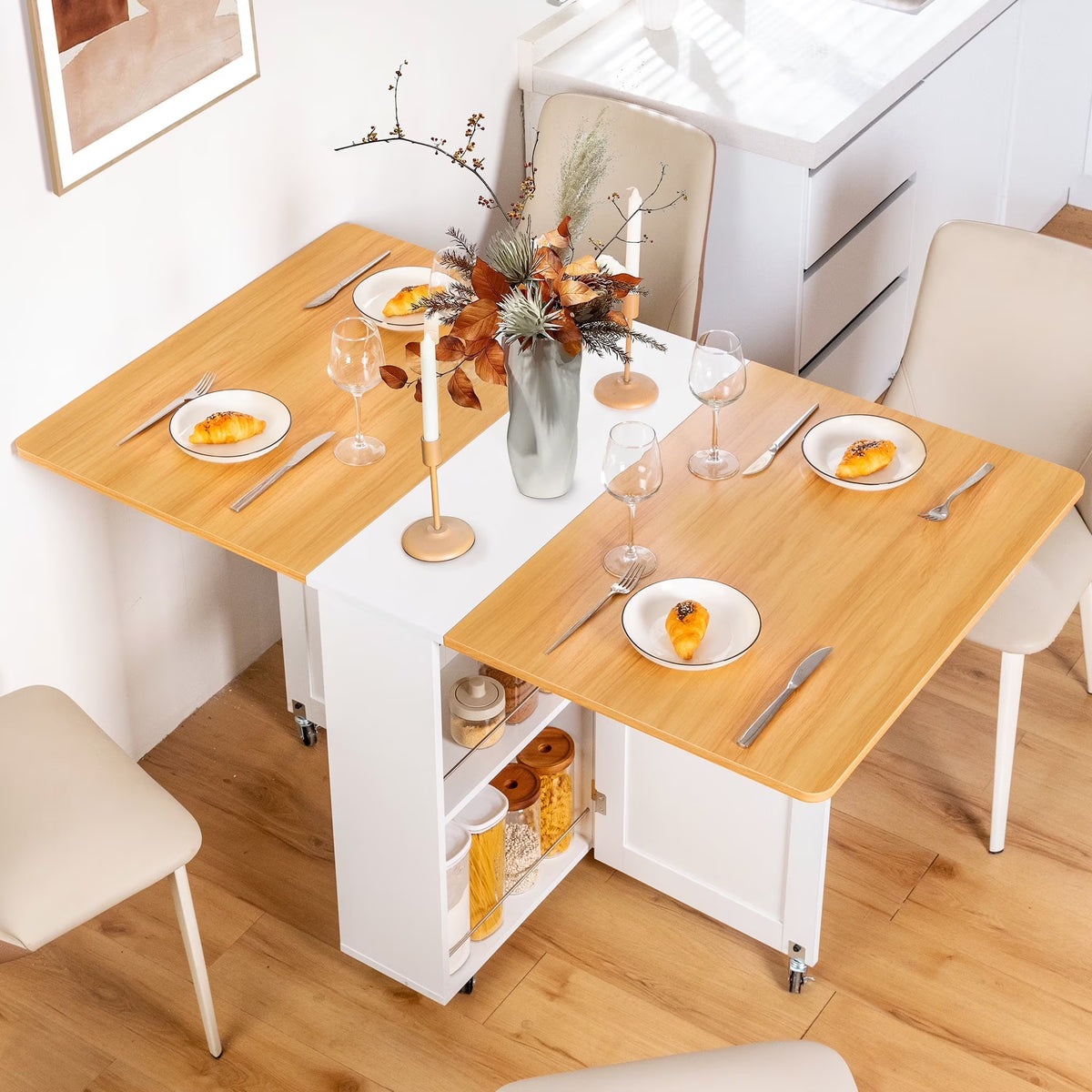 spanspace Folding Dining Table, Drop Leaf Dining Table with 6 Wheels and 2-Layer Storage Shelf, Space Saving Dining Table for Small Spaces,Folding Kitchen Table,White