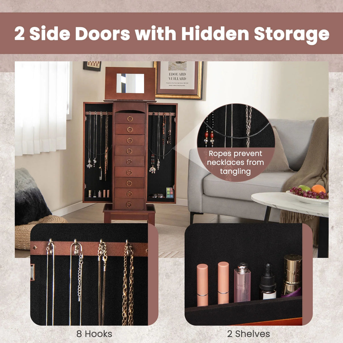 Costway Wood Jewelry Cabinet Armoire Storage Box Chest Stand Organizer Indoor Bedroom