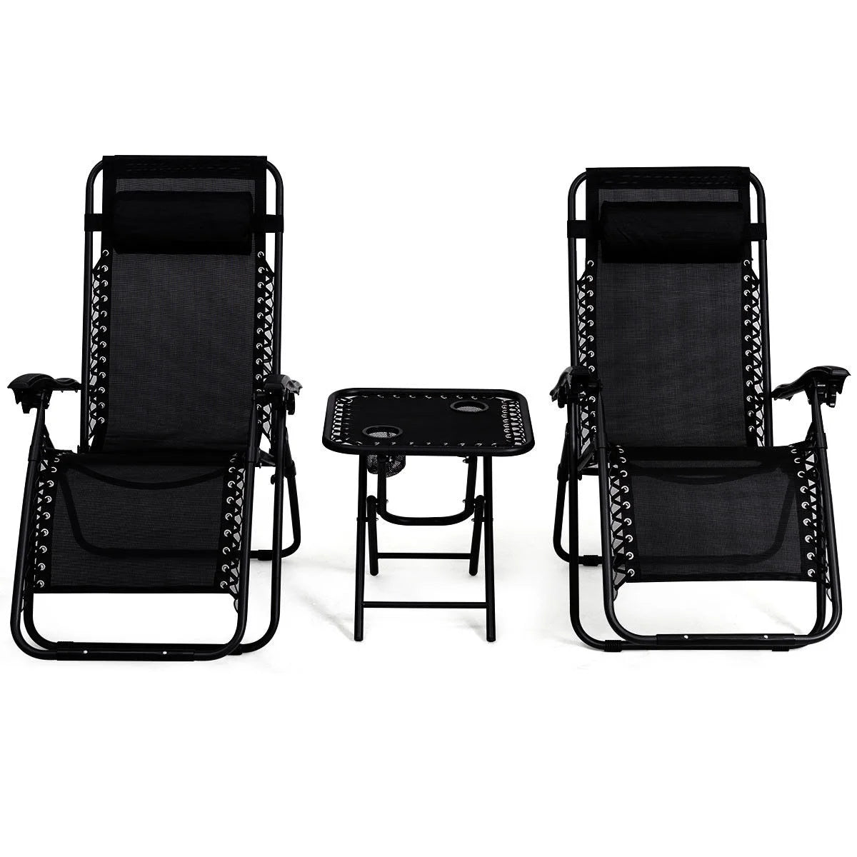 Gymax 3PC Zero Gravity Reclining Lounge Chairs Pillows Table Portable Folding Beige