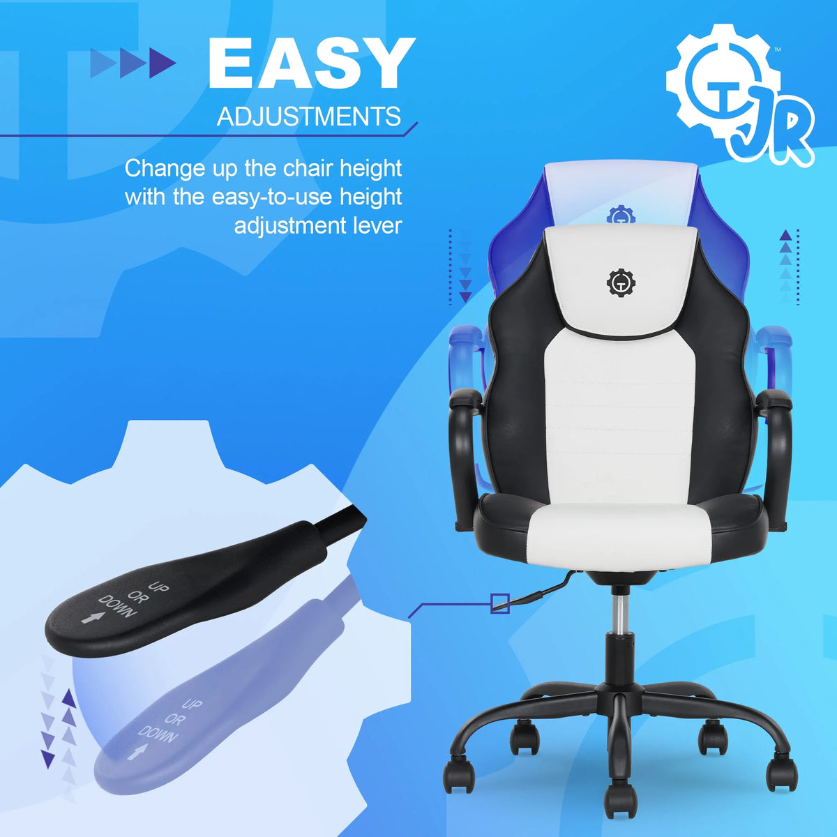 Gamer Gear Jr. Xplorer Gaming and Computer Chair, Kids and Teens Gaming Chair with Padded Arms, Adjustable Height, White and Black