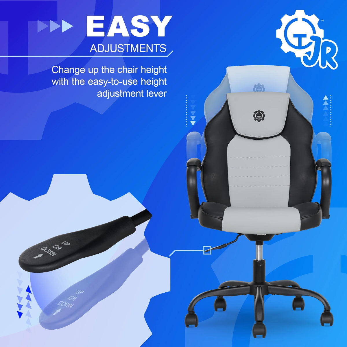 Gamer Gear Jr. Xplorer Gaming and Computer Chair, Kids and Teens Gaming Chair with Padded Arms, Adjustable Height, White and Black