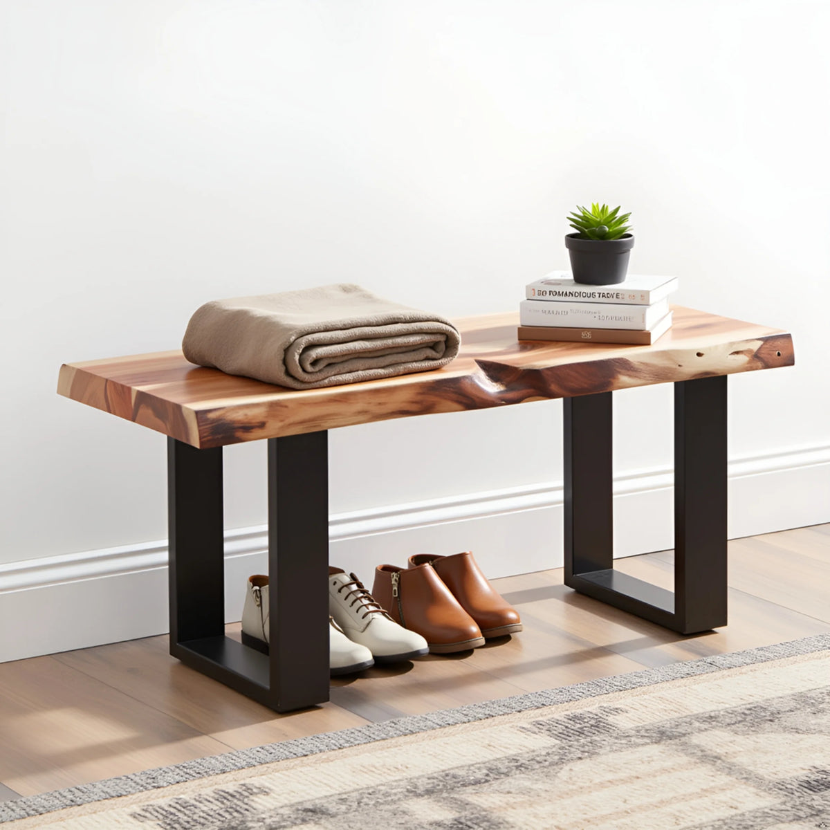 Alaterre Furniture Alpine 36-Inch Live Edge Solid Acacia Wood Bench with Black Metal Legs and Floor Protectors, Modern Farmhouse Entryway Hall Decor