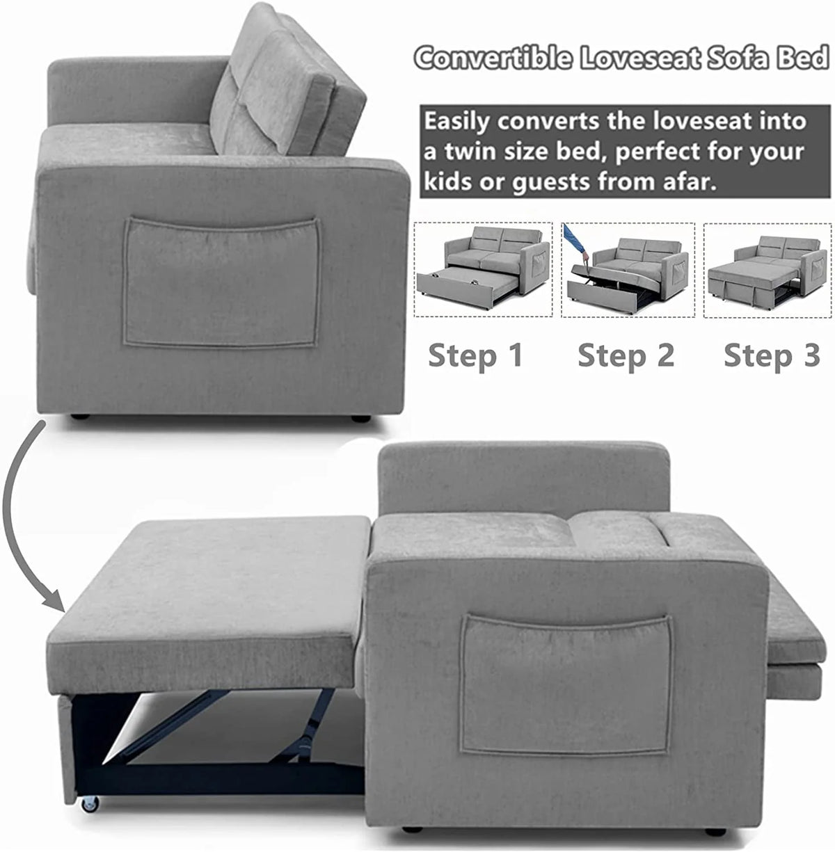 54.5" Pull Out Sofa Sleeper Couch, 3-in-1 Convertible Sleeper Sofa Bed for Living Room Apartment, Breathable Chenille Adjustable Sleeper Loveseat with Pull Out Bed and Side Pockets, Gray