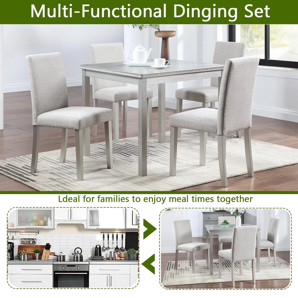 PORKISS Dining Table Set for 4, Solid Wood Dining Room Set with 1 Square Table 4 Upholstered Chairs, Dinner Table with Padded Chairs for Home Kitchen, Gray