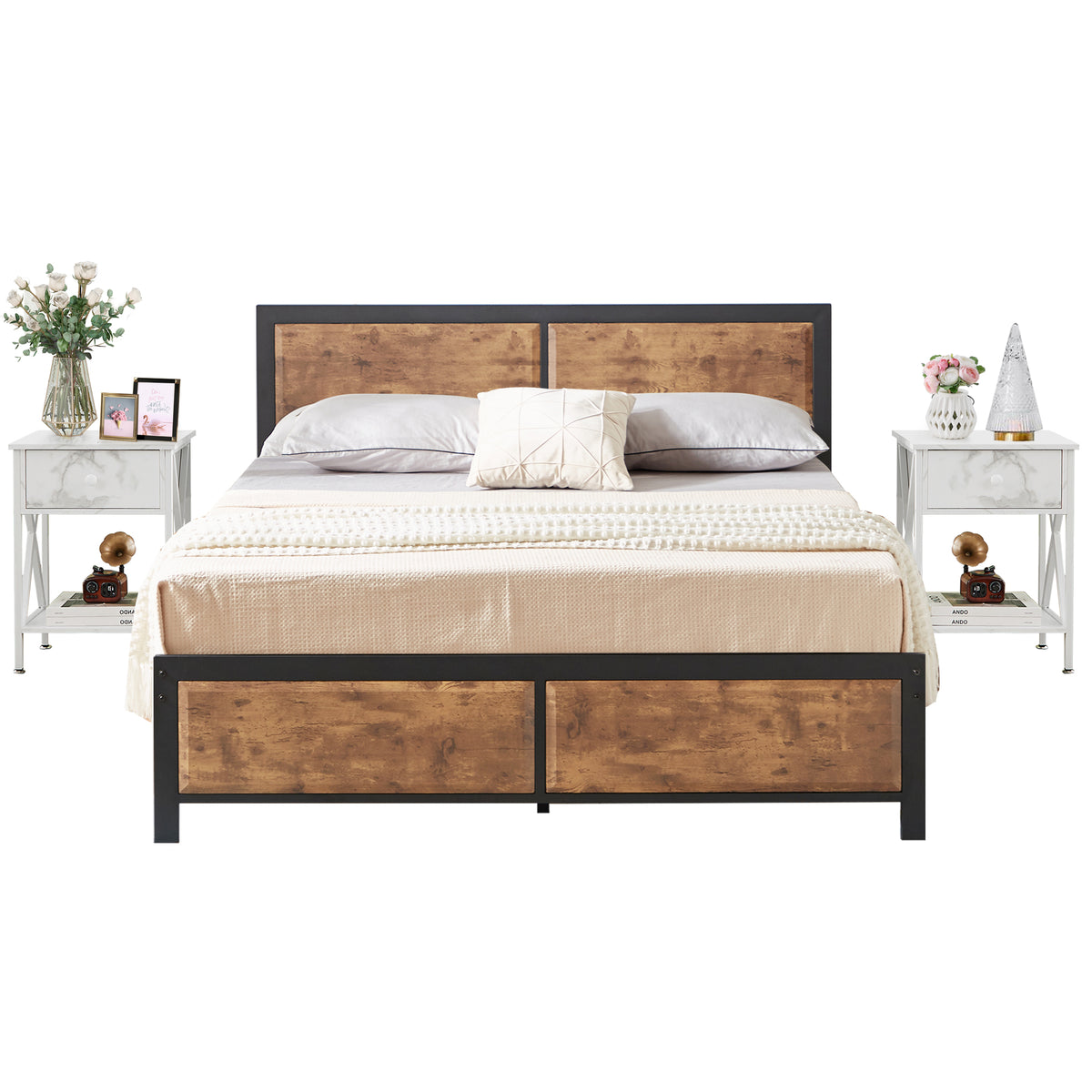 VECELO 3-Piece Bedroom Set with Twin Size Bed Frame and 1-Drawer Black Nightstands