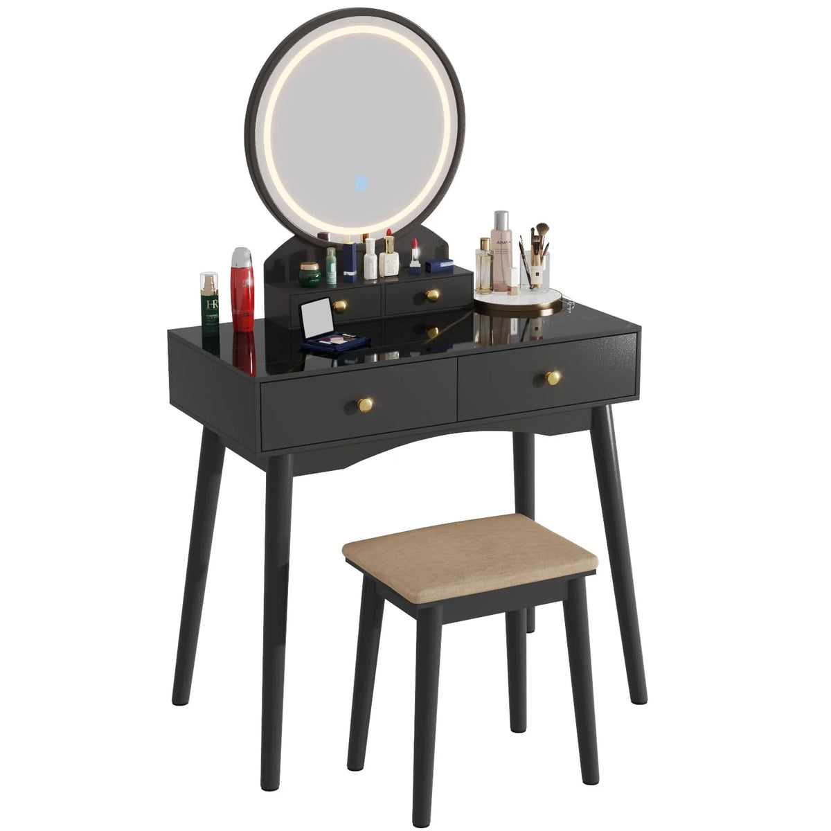 Furmax Vanity Table with Lighted Mirror, Vanity Desk with Stool, Dressing Table with 4 Drawers, Makeup Vanity Set, Black Finish, for Bedroom