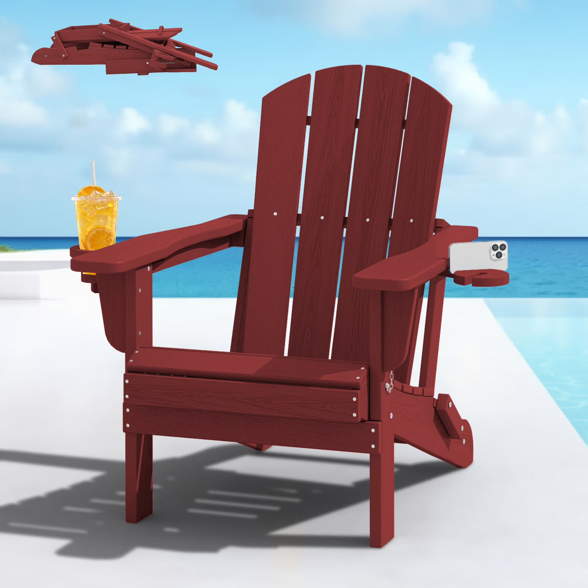 SERWALL Folding Adirondack Chair Set with Dual Cup Holders & Phone Holder, All-Weather HDPE Fire Pit Chairs for Outdoor, Patio, Poolside, Garden - Black